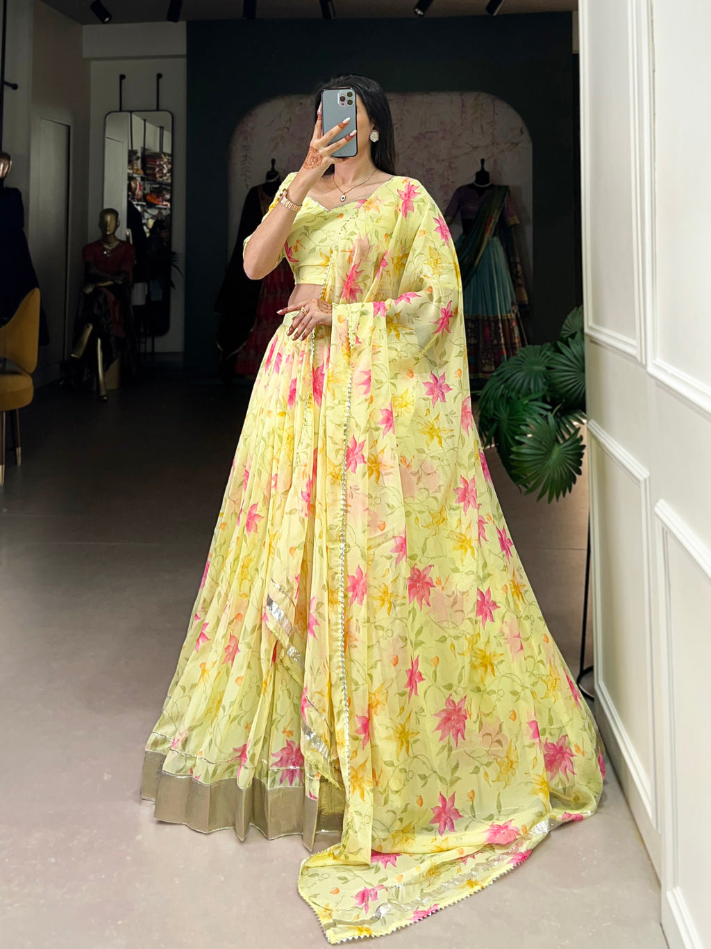 Yellow Silken Blooms Tabby Silk Floral Print Lehenga with Lace Accents & Matching Dupatta