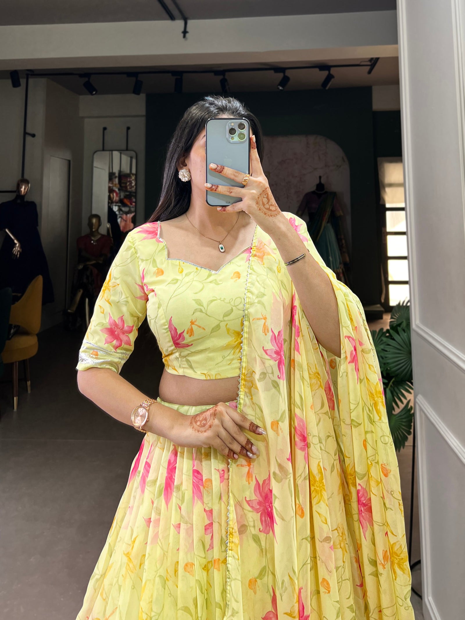 Yellow Silken Blooms Tabby Silk Floral Print Lehenga with Lace Accents & Matching Dupatta
