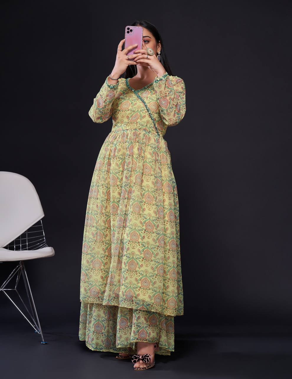Yellow Digital Print Georgette Sharara Set Secondary image