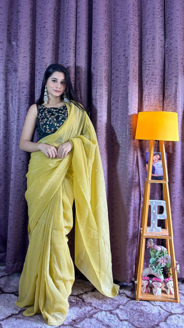 Yellow Sleeveless Charm, Jacketed Grace – Sparkle Silk Saree Set with Kasturi Silk Blouse & Koti ClothsVilla