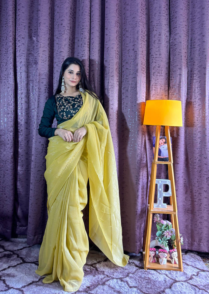 Yellow Sleeveless Charm, Jacketed Grace – Sparkle Silk Saree Set with Kasturi Silk Blouse & Koti ClothsVilla