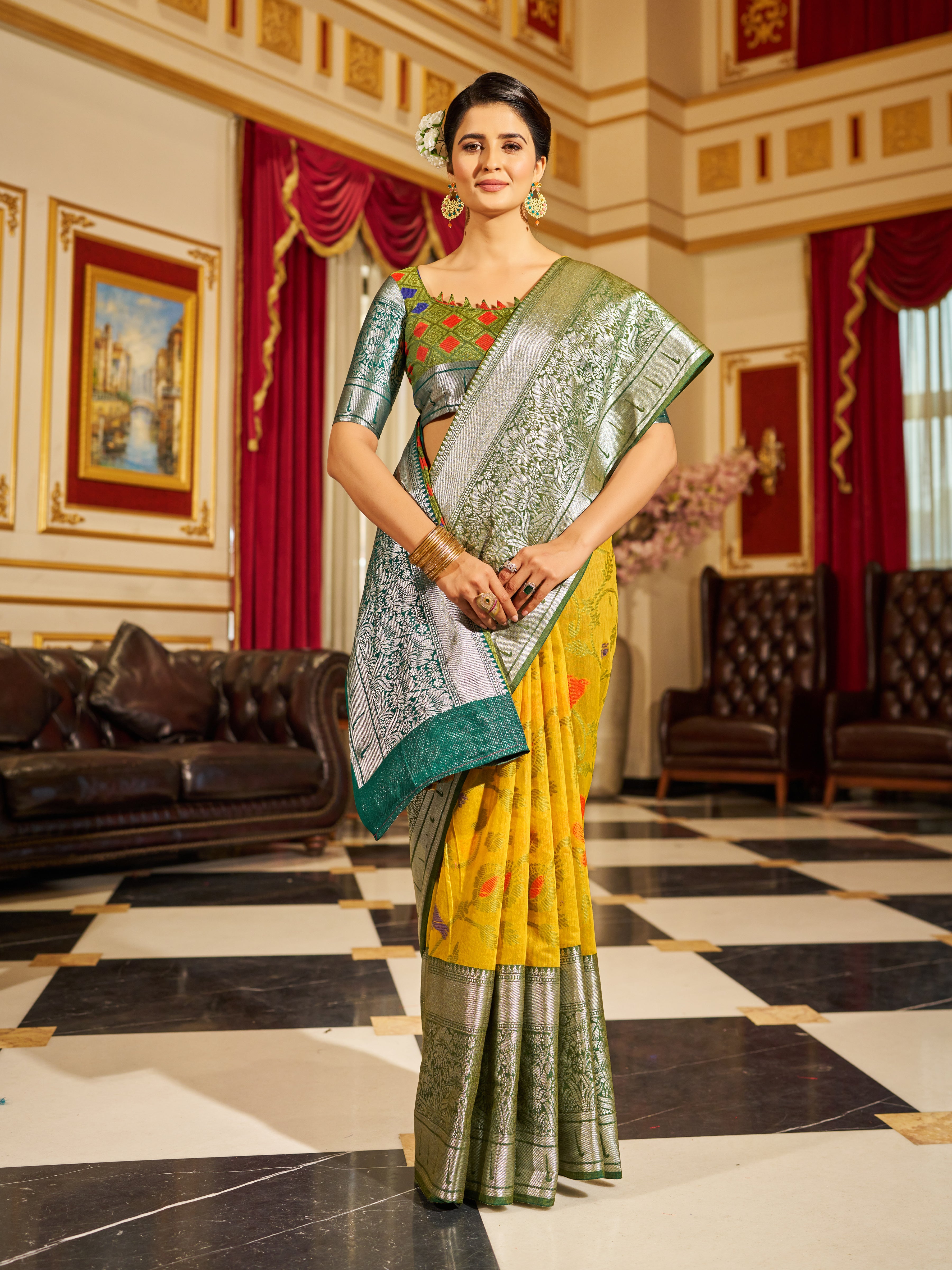 Sunshine Elegance - Yellow Soft Cotton Saree with Woven Design Secondary image
