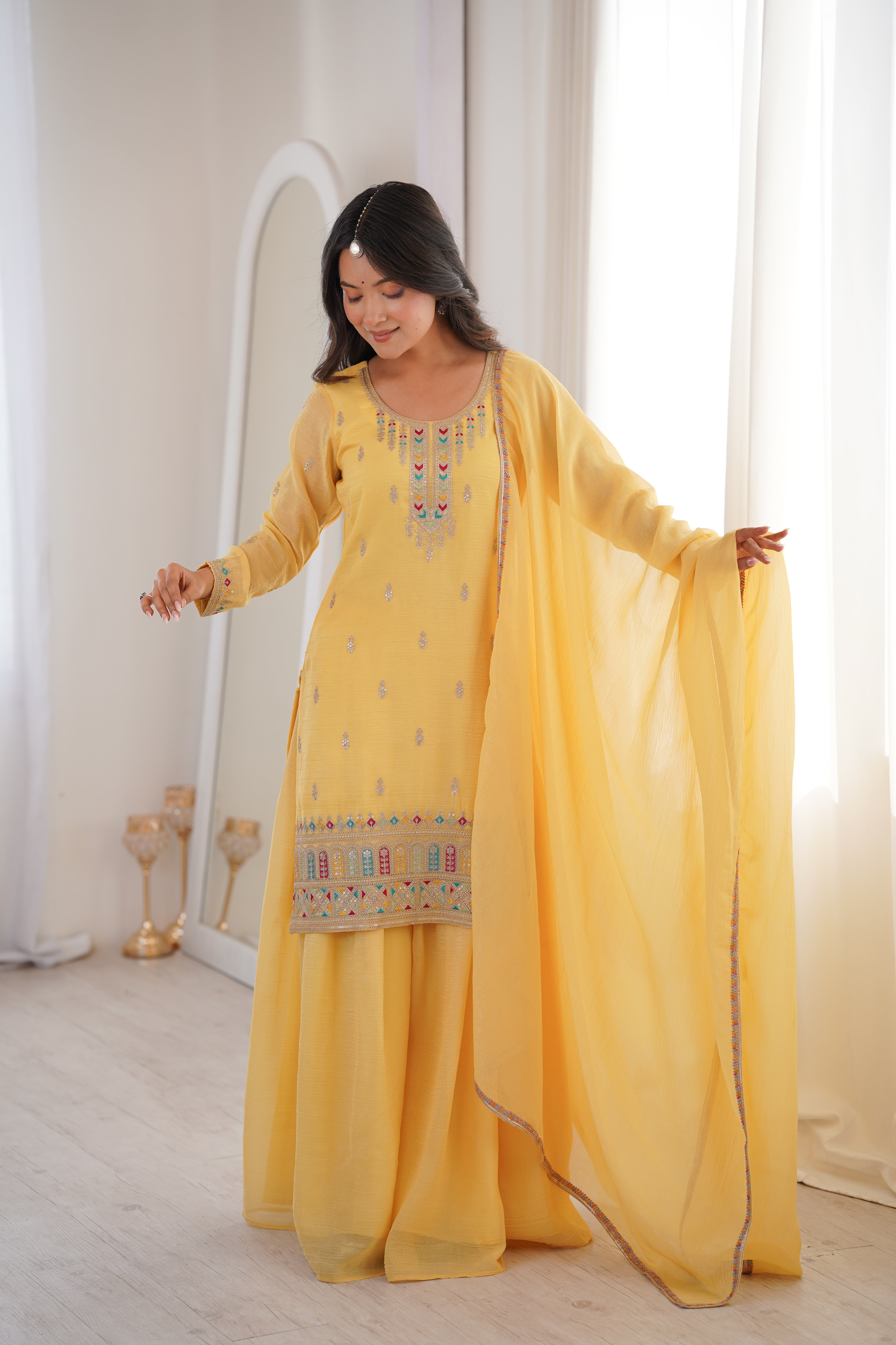 Yellow Soft Silk Sharara Set Secondary image