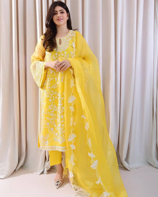 Yellow Stunning Party Wear Top, Bottom & Dupatta Set with Elegant Embroidery Clothsvilla