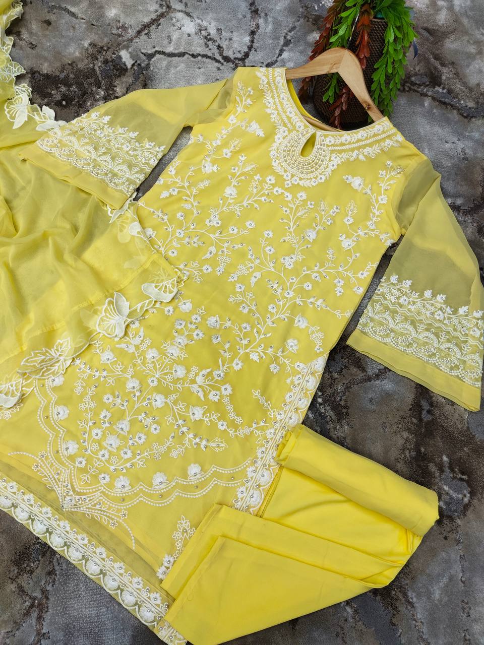 Yellow Stunning Party Wear Top, Bottom & Dupatta Set with Elegant Embroidery Clothsvilla