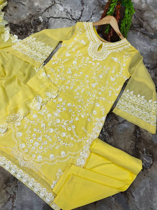 Yellow Stunning Party Wear Top, Bottom & Dupatta Set with Elegant Embroidery Clothsvilla
