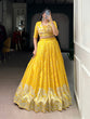 Load image into Gallery viewer, Yellow Tasar Silk Printed Lehenga Choli with Handwork Blouse &amp; Koti – 4-Meter Flair Stitched Lehenga with Canvas Support &amp; Adjustable Stitched Blouse + Jacket ClothsVilla