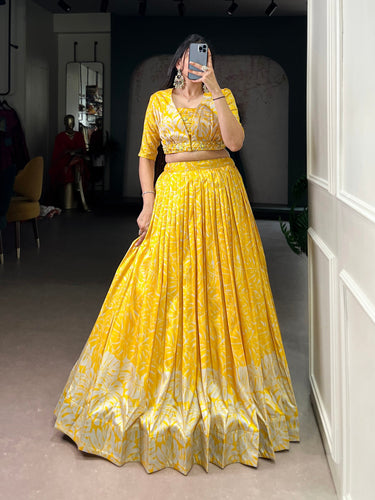 Yellow Tasar Silk Printed Lehenga Choli with Handwork Blouse & Koti – 4-Meter Flair Stitched Lehenga with Canvas Support & Adjustable Stitched Blouse + Jacket ClothsVilla