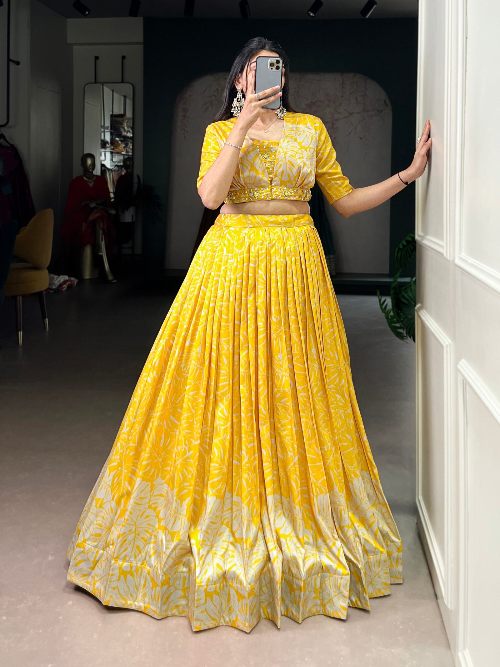 Yellow Tasar Silk Printed Lehenga Choli with Handwork Blouse & Koti – 4-Meter Flair Stitched Lehenga with Canvas Support & Adjustable Stitched Blouse + Jacket ClothsVilla