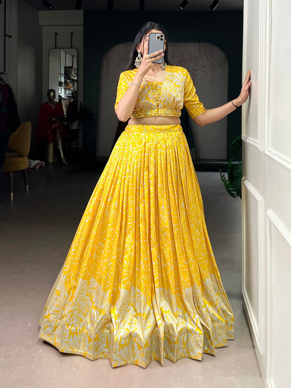 Yellow Tasar Silk Printed Lehenga Choli with Handwork Blouse & Koti – 4-Meter Flair Stitched Lehenga with Canvas Support & Adjustable Stitched Blouse + Jacket ClothsVilla