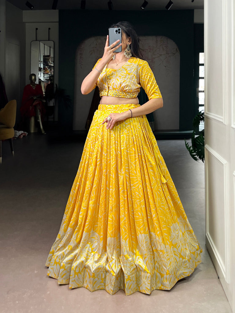 Yellow Tasar Silk Printed Lehenga Choli with Handwork Blouse & Koti – 4-Meter Flair Stitched Lehenga with Canvas Support & Adjustable Stitched Blouse + Jacket ClothsVilla