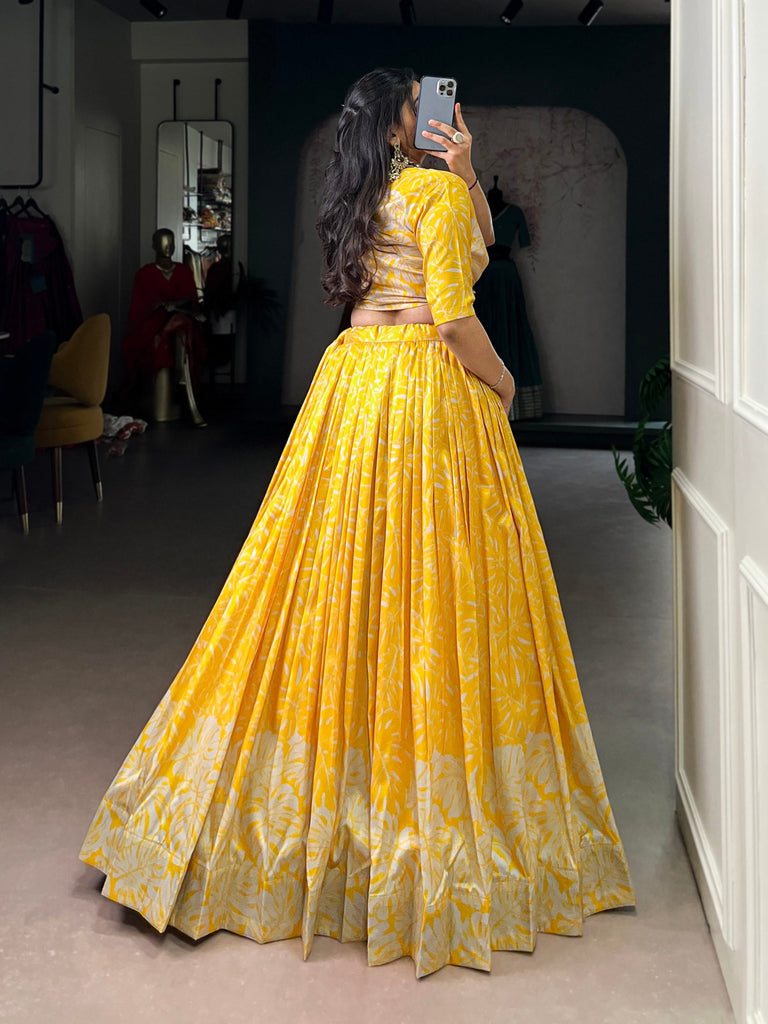Yellow Tasar Silk Printed Lehenga Choli with Handwork Blouse & Koti – 4-Meter Flair Stitched Lehenga with Canvas Support & Adjustable Stitched Blouse + Jacket ClothsVilla