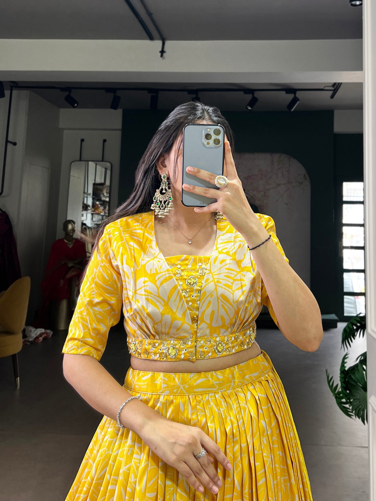 Yellow Tasar Silk Printed Lehenga Choli with Handwork Blouse & Koti – 4-Meter Flair Stitched Lehenga with Canvas Support & Adjustable Stitched Blouse + Jacket ClothsVilla