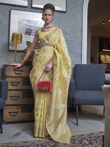 Yellow Traditional Linen Banarasi Saree with Unstitched Blouse Piece ClothsVilla
