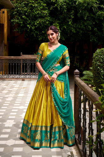 Yellow Traditional Poly Cotton Lehenga with Zari Weaving Work & Georgette Embroidered Dupatta – Stitched Lehenga with Unstitched Blouse ClothsVilla