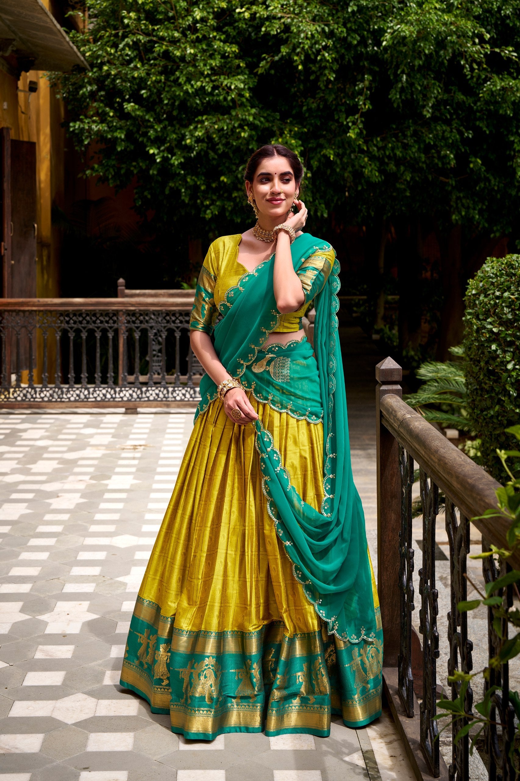 Yellow Traditional Poly Cotton Lehenga with Zari Weaving Work & Georgette Embroidered Dupatta – Stitched Lehenga with Unstitched Blouse ClothsVilla Main image