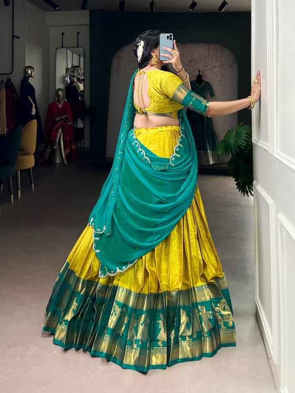 Yellow Traditional Poly Cotton Lehenga with Zari Weaving Work & Georgette Embroidered Dupatta – Stitched Lehenga with Unstitched Blouse ClothsVilla