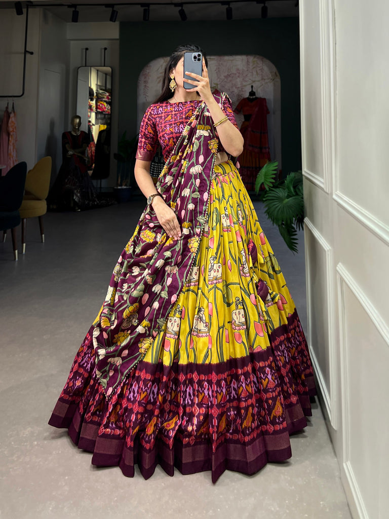 Yellow Tussar Silk Lehenga Choli with Pichwai & Patola Prints ClothsVilla