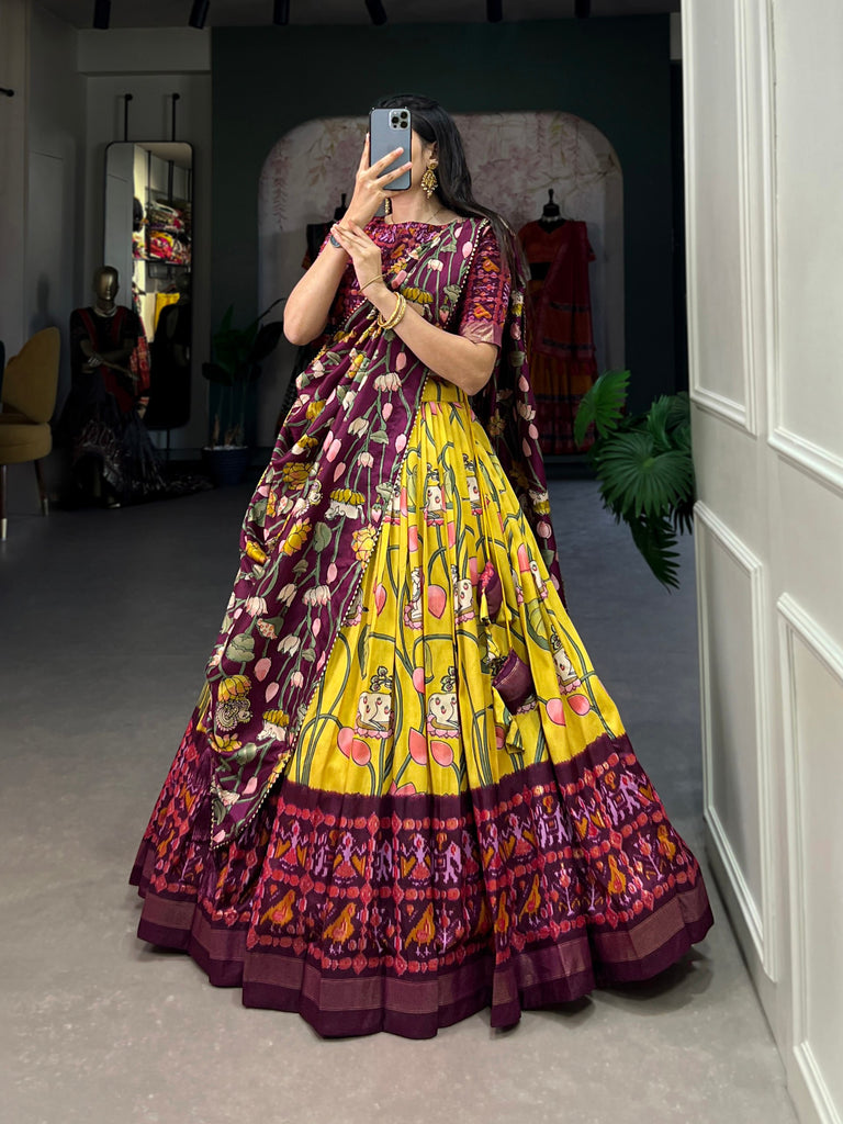 Yellow Tussar Silk Lehenga Choli with Pichwai & Patola Prints ClothsVilla