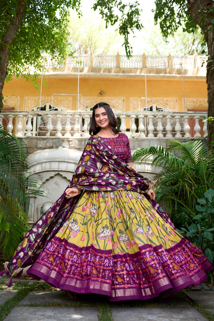 Yellow Tussar Silk Lehenga Choli with Pichwai & Patola Prints ClothsVilla