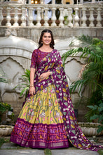 Load image into Gallery viewer, Yellow Tussar Silk Lehenga Choli with Pichwai &amp; Patola Prints ClothsVilla