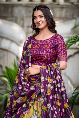 Yellow Tussar Silk Lehenga Choli with Pichwai & Patola Prints ClothsVilla
