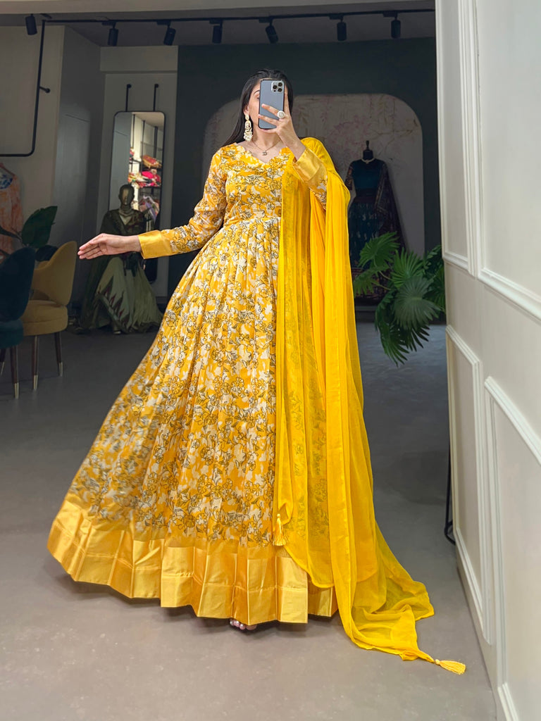 Yellow Tussar Silk Printed Gown with Foil Detailing & Chiffon Dupatta ClothsVilla