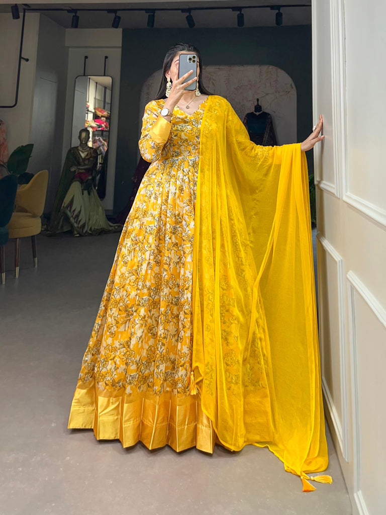 Yellow Tussar Silk Printed Gown with Foil Detailing & Chiffon Dupatta ClothsVilla