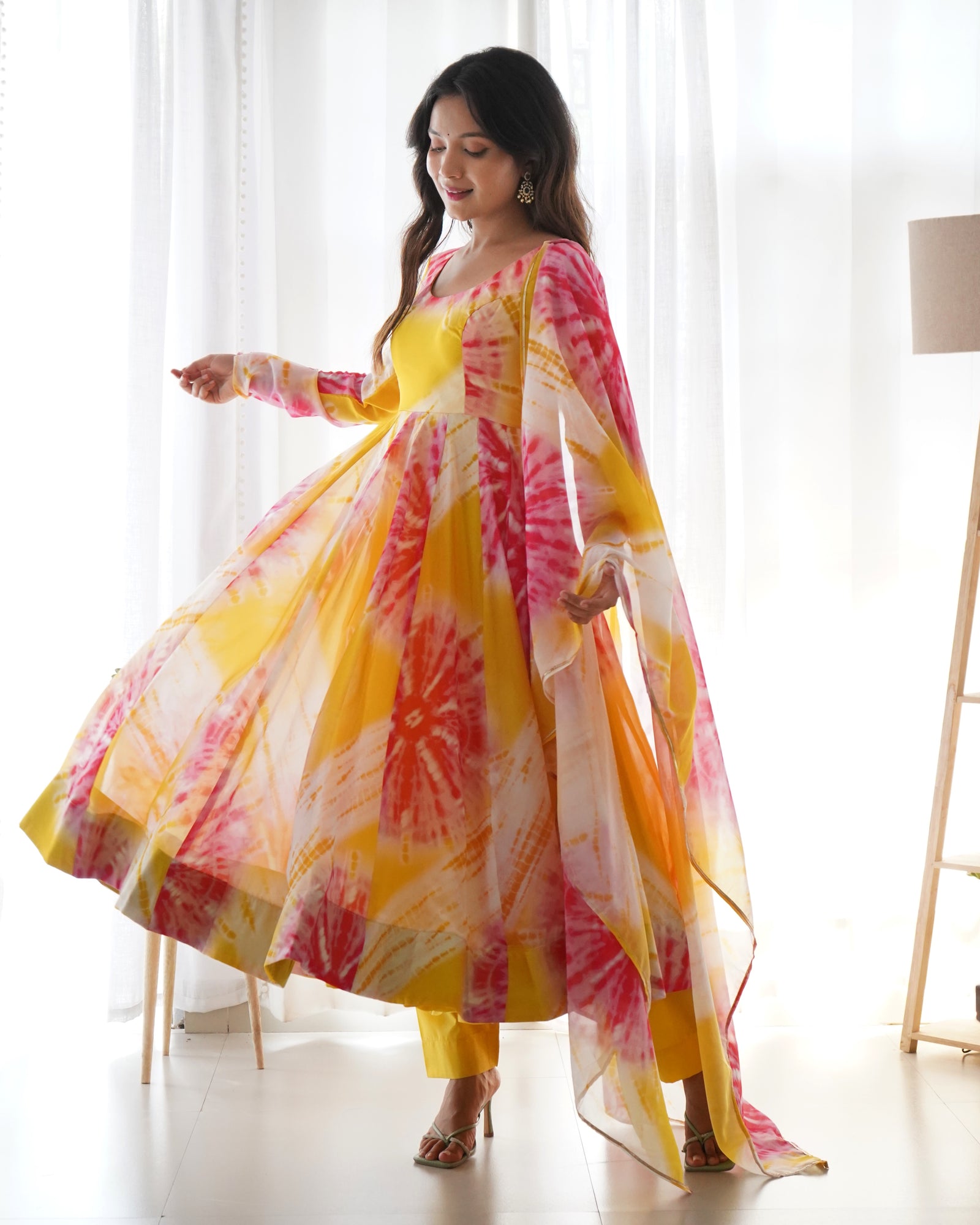 Yellow Vibrant Anarkali Organza Silk Gown with Dupatta & Pant Set – Perfect for Festivities