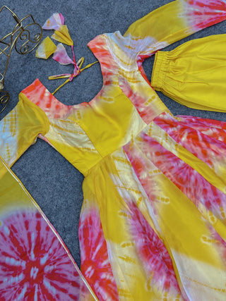 Yellow Vibrant Anarkali Organza Silk Gown with Dupatta & Pant Set – Perfect for Festivities