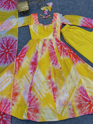 Yellow Vibrant Anarkali Organza Silk Gown with Dupatta & Pant Set – Perfect for Festivities
