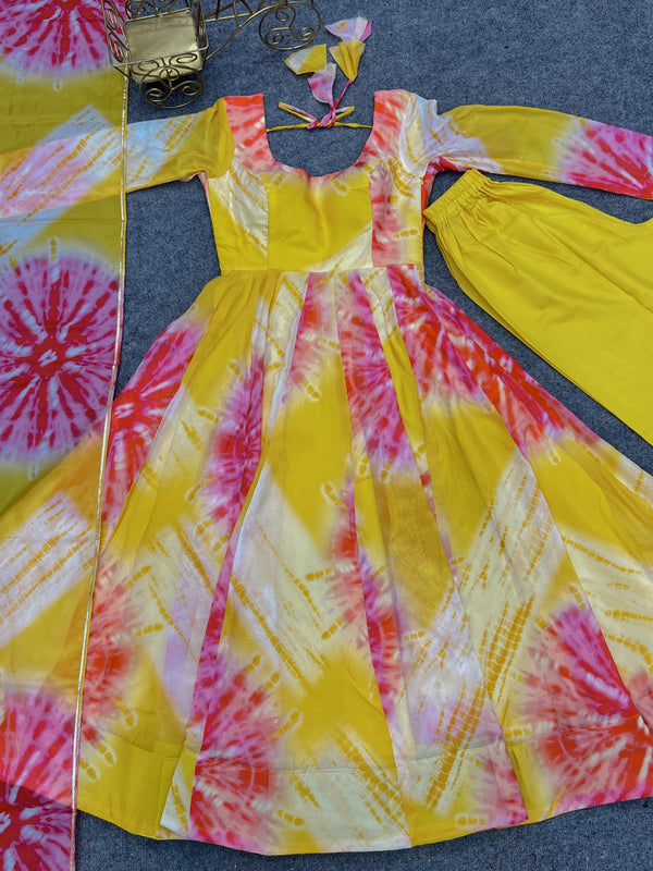 Yellow Vibrant Anarkali Organza Silk Gown with Dupatta & Pant Set – Perfect for Festivities