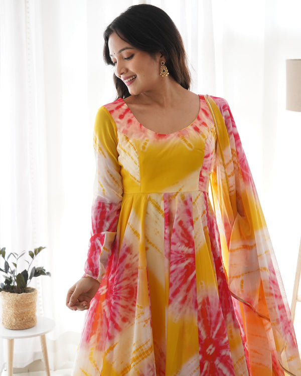 Yellow Vibrant Anarkali Organza Silk Gown with Dupatta & Pant Set – Perfect for Festivities