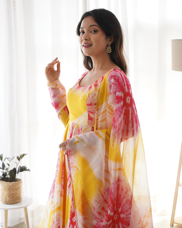 Yellow Vibrant Anarkali Organza Silk Gown with Dupatta & Pant Set – Perfect for Festivities