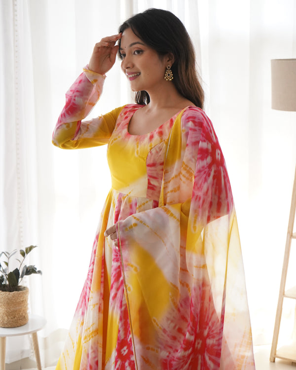 Yellow Vibrant Anarkali Organza Silk Gown with Dupatta & Pant Set – Perfect for Festivities