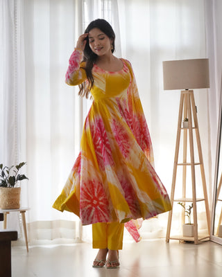 Yellow Vibrant Anarkali Organza Silk Gown with Dupatta & Pant Set – Perfect for Festivities