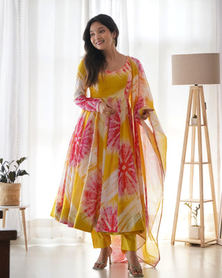 Yellow Vibrant Anarkali Organza Silk Gown with Dupatta & Pant Set – Perfect for Festivities