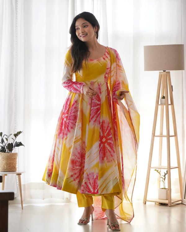 Yellow Vibrant Anarkali Organza Silk Gown with Dupatta & Pant Set – Perfect for Festivities