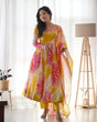 Load image into Gallery viewer, Yellow Vibrant Anarkali Organza Silk Gown with Dupatta &amp; Pant Set – Perfect for Festivities