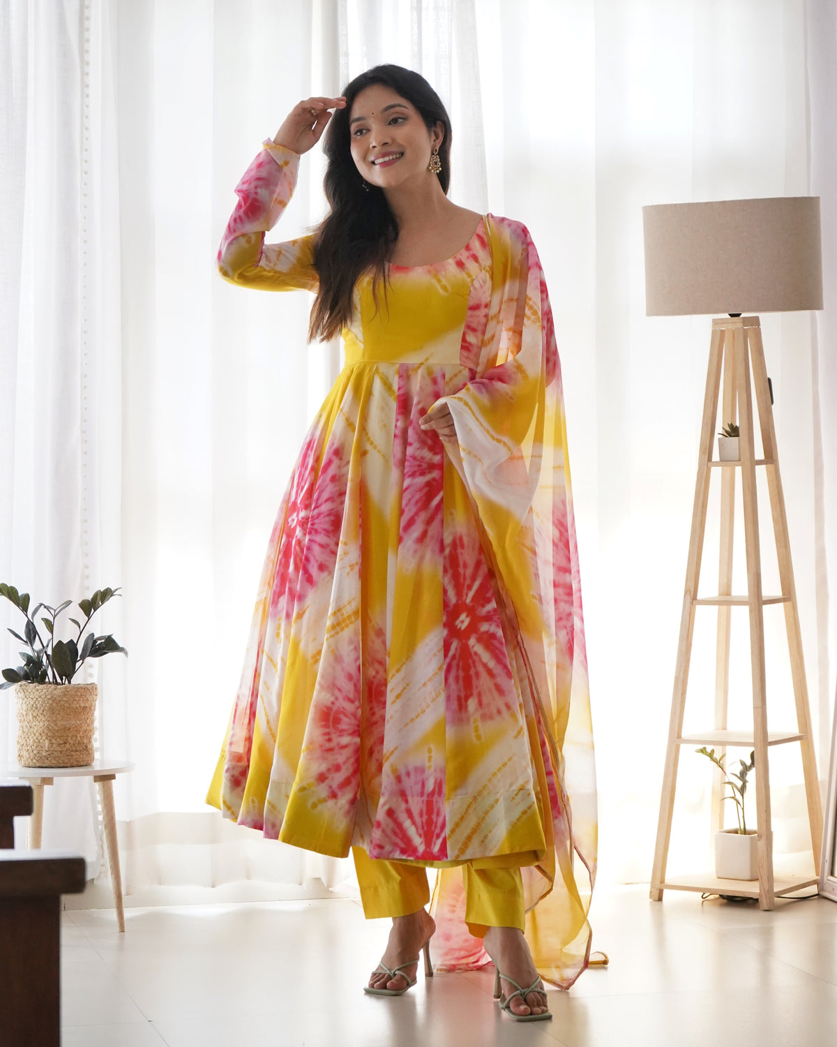 Yellow Vibrant Anarkali Organza Silk Gown with Dupatta & Pant Set – Perfect for Festivities Main image