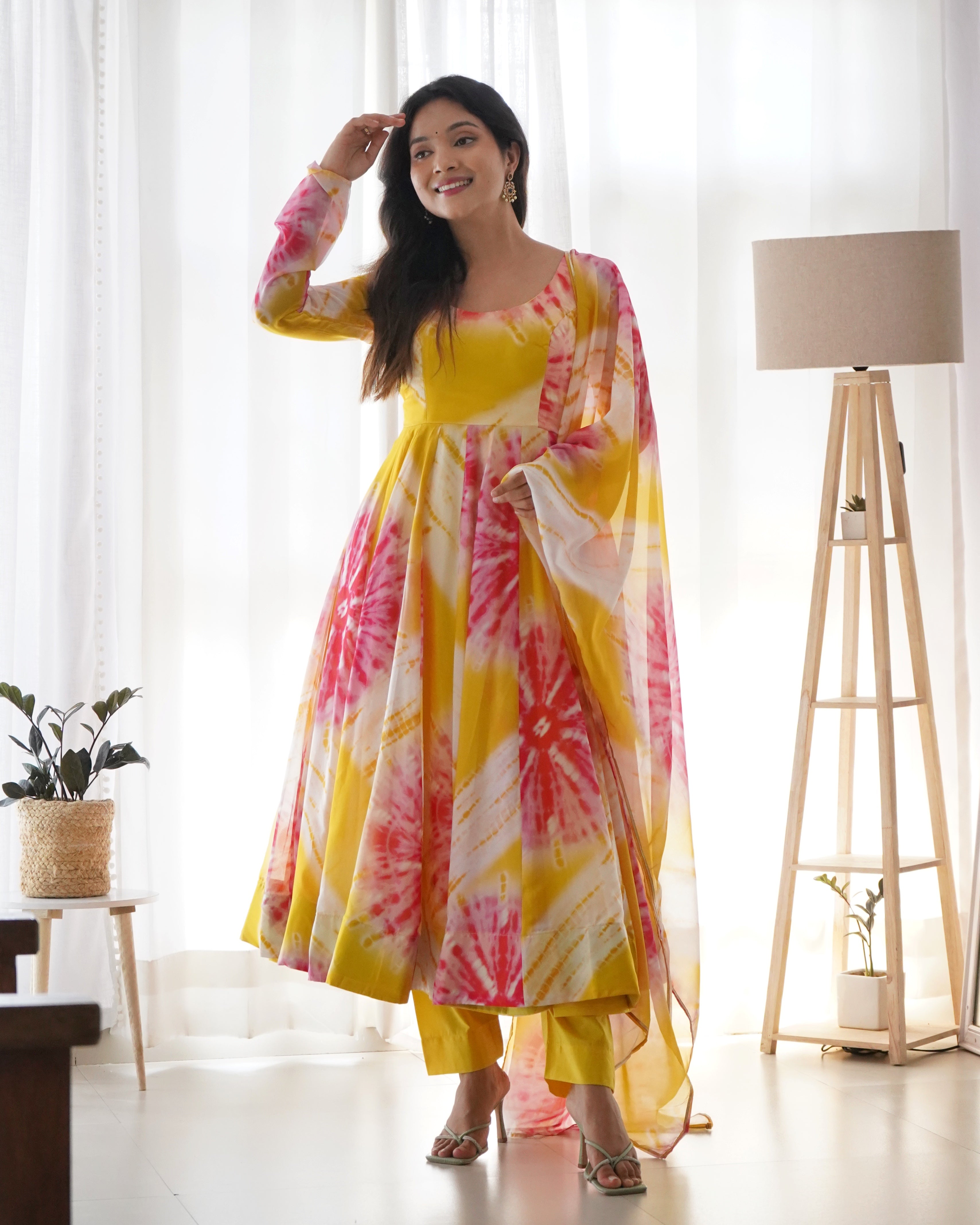 Yellow Vibrant Anarkali Organza Silk Gown with Dupatta & Pant Set – Perfect for Festivities Main image