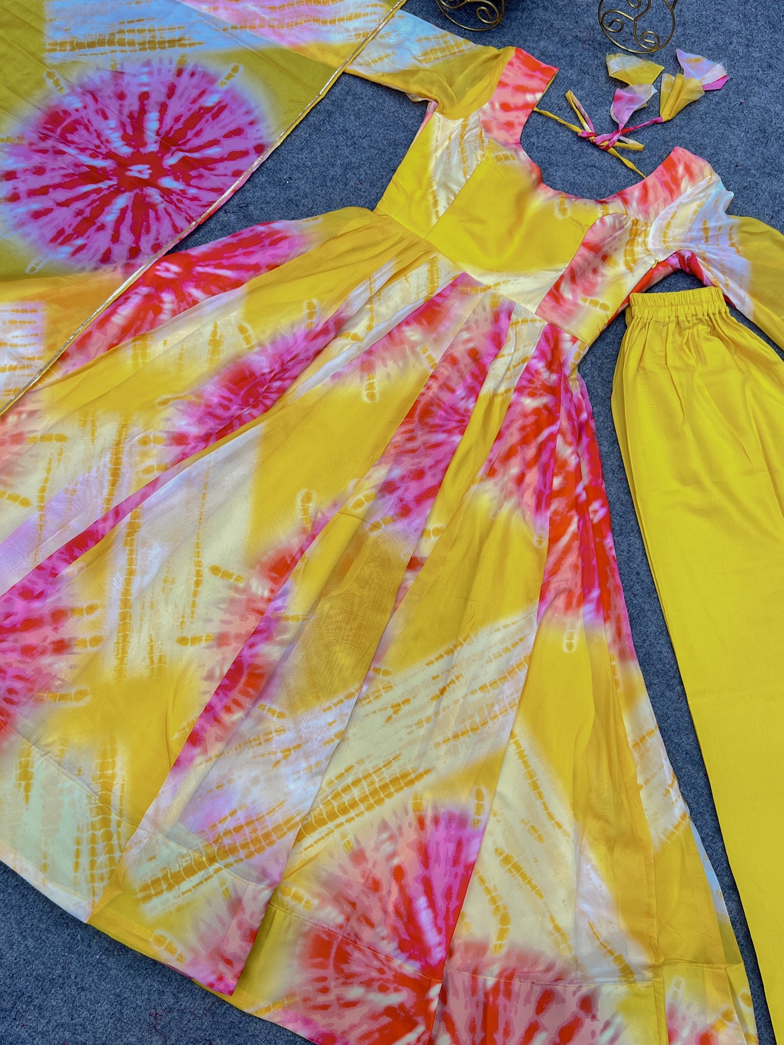 Yellow Vibrant Anarkali Organza Silk Gown with Dupatta & Pant Set – Perfect for Festivities