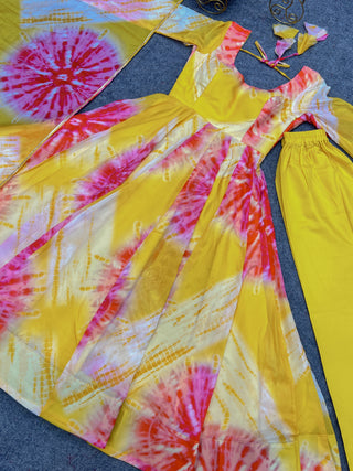 Yellow Vibrant Anarkali Organza Silk Gown with Dupatta & Pant Set – Perfect for Festivities