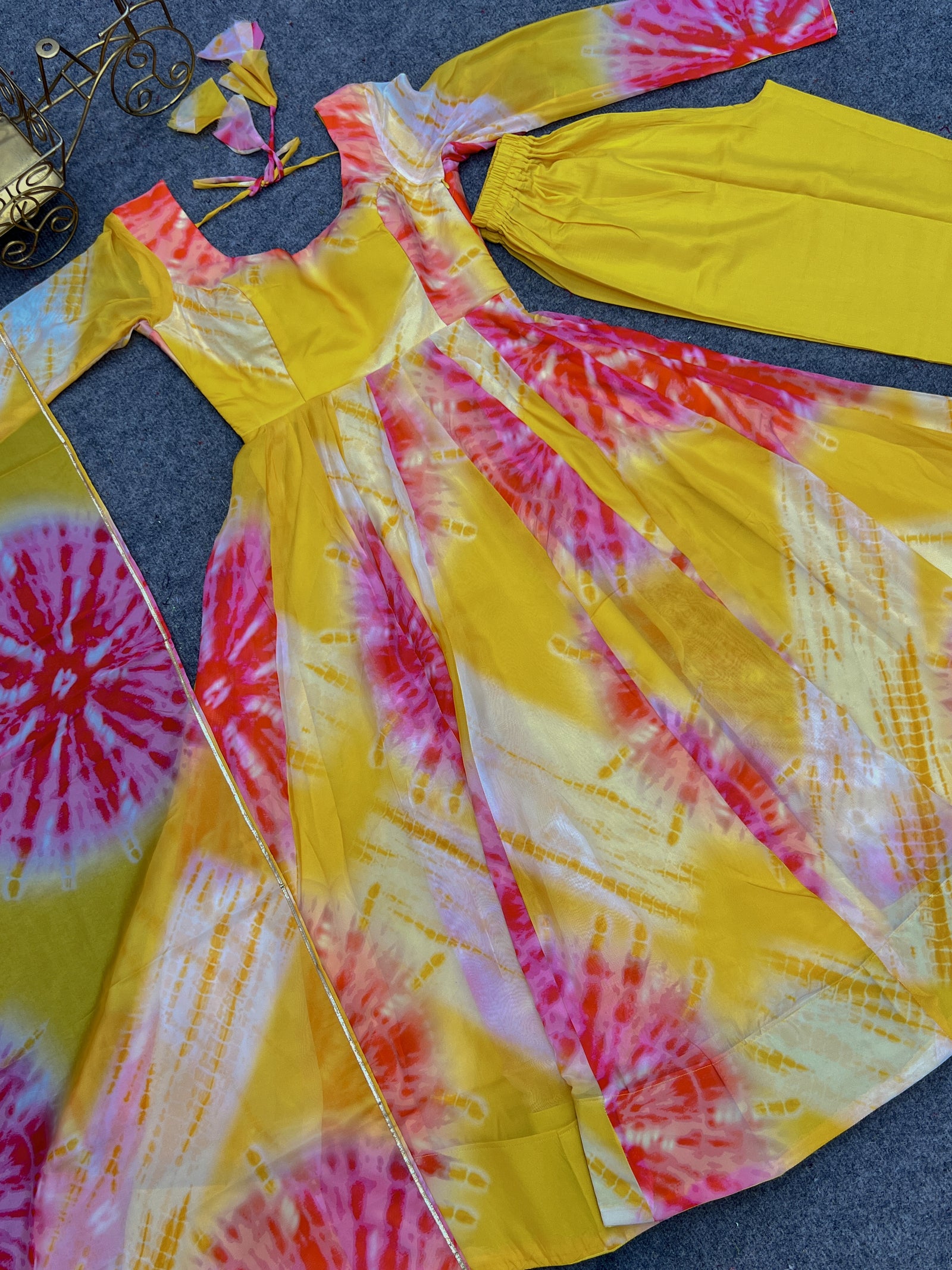 Yellow Vibrant Anarkali Organza Silk Gown with Dupatta & Pant Set – Perfect for Festivities