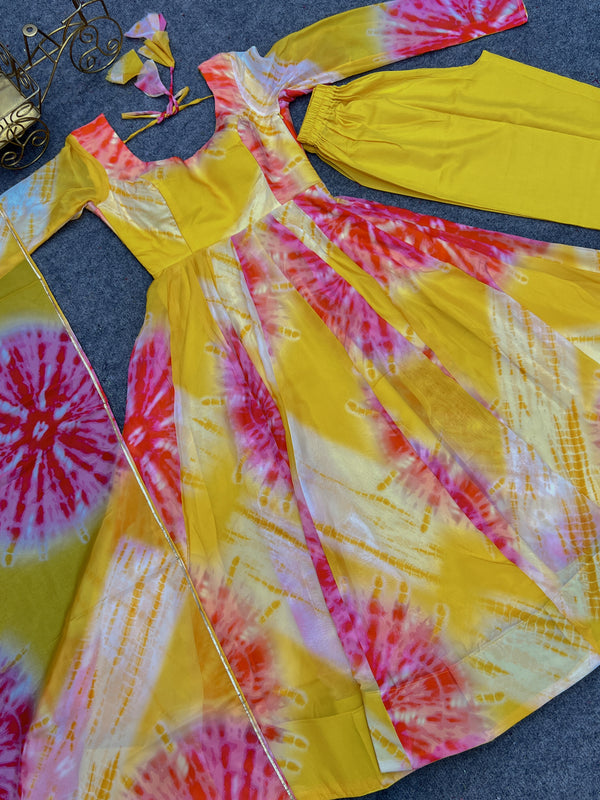 Yellow Vibrant Anarkali Organza Silk Gown with Dupatta & Pant Set – Perfect for Festivities