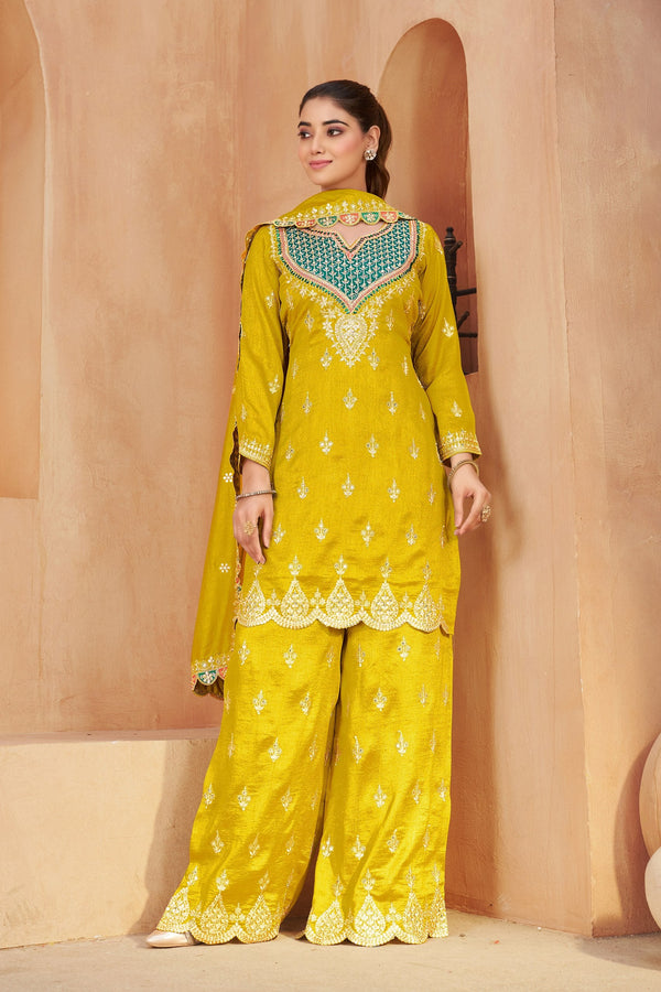 Yellow Vichitra Kurta Palazzo Set ClothsVilla