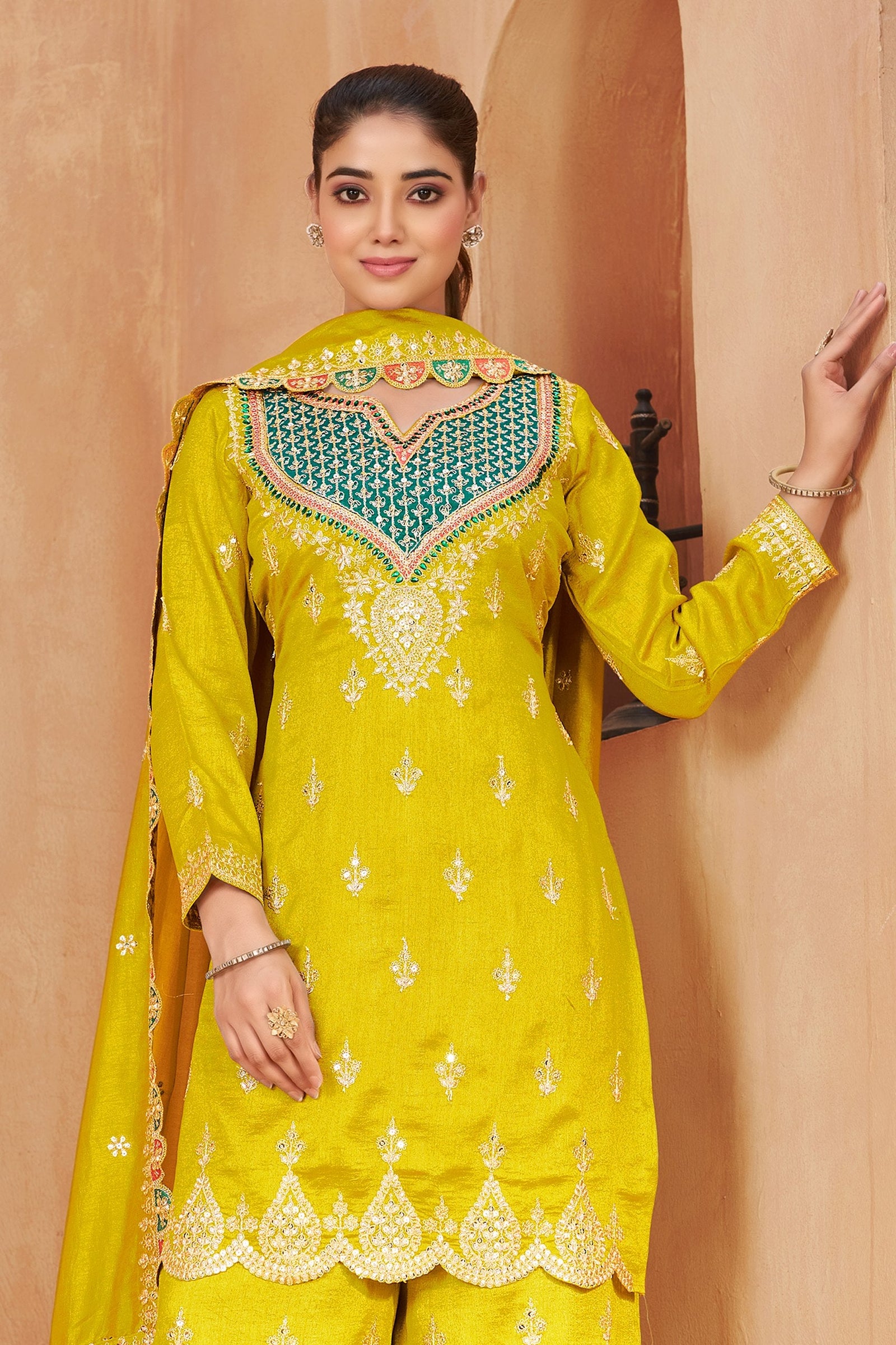 Yellow Vichitra Kurta Palazzo Set ClothsVilla