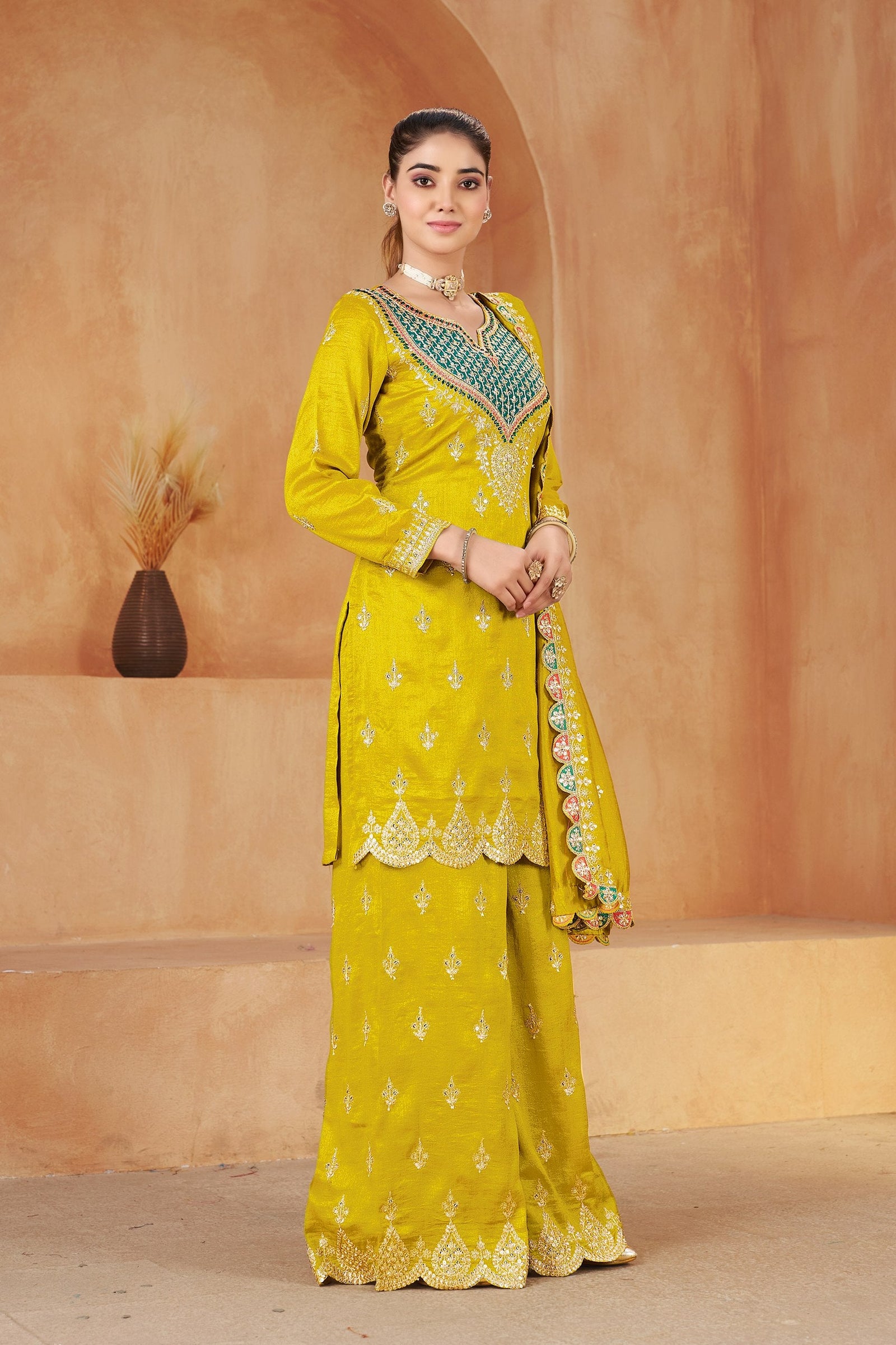 Yellow Vichitra Kurta Palazzo Set ClothsVilla