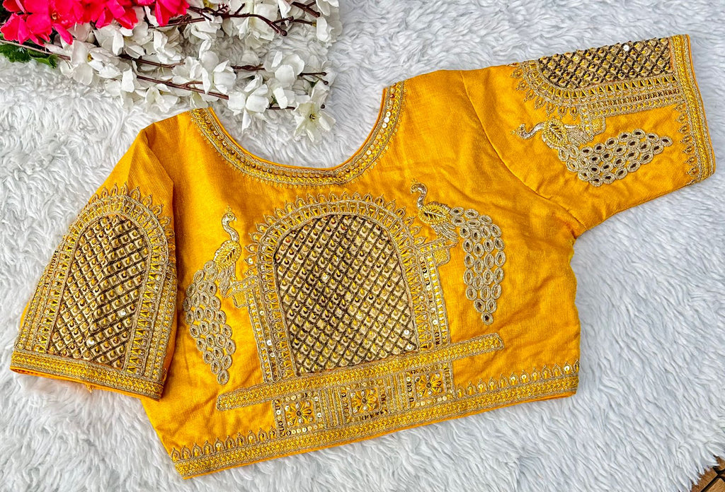 Yellow Watermelon Silk Blouse with Beautiful Cording and Hand-Touched Sequins ClothsVilla