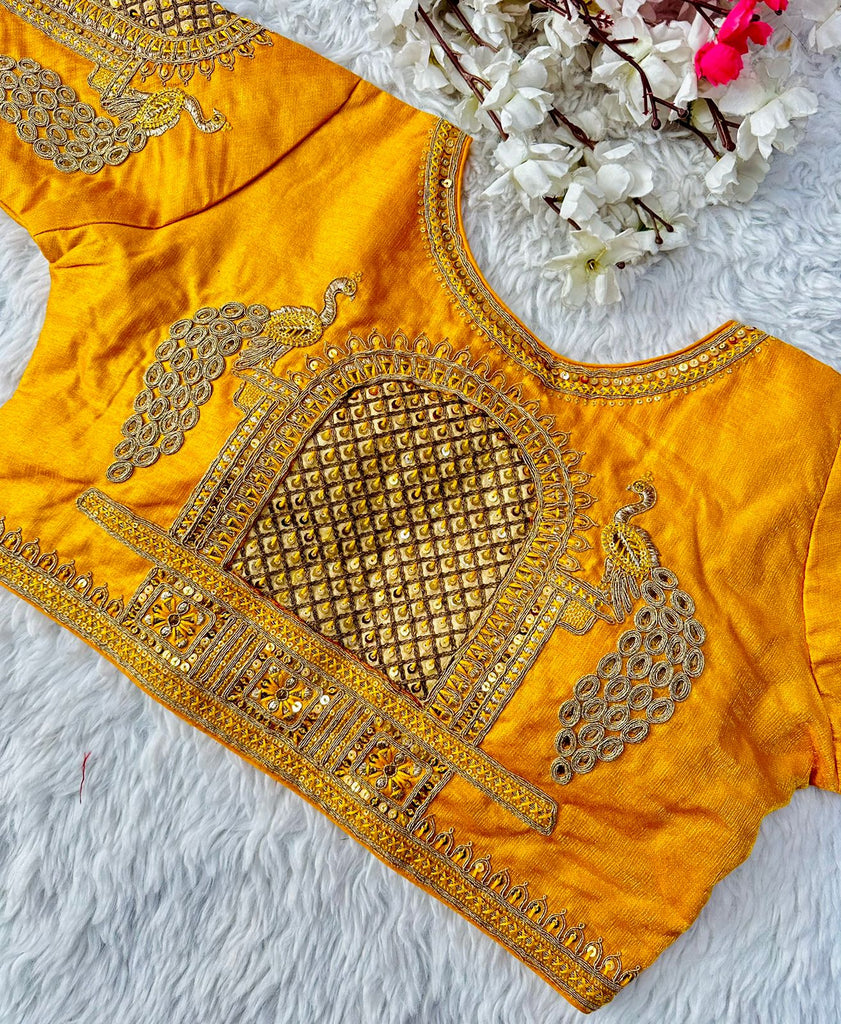 Yellow Watermelon Silk Blouse with Beautiful Cording and Hand-Touched Sequins ClothsVilla